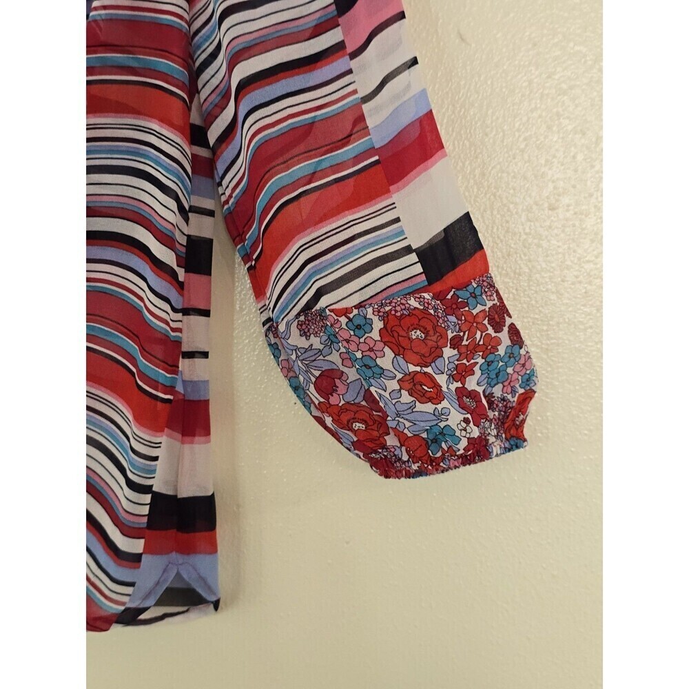 Fig & Flower Blouse Womens PS Boho Floral Stripe Tie Front 3/4 Sleeve - Picture 6 of 12